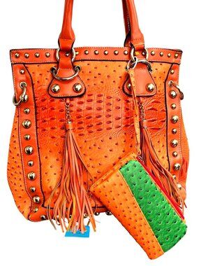Rustic Couture Orange shoulder Bag with Matching Wallet Ostrich Embossed